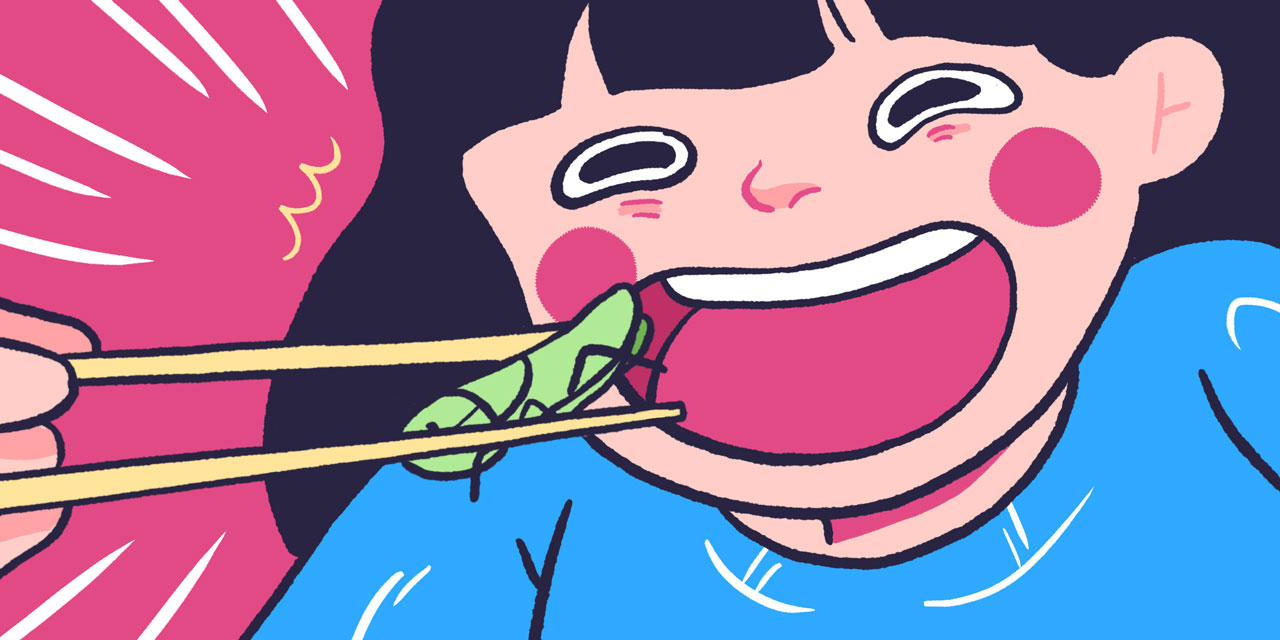 japanese woman happily eating a bug