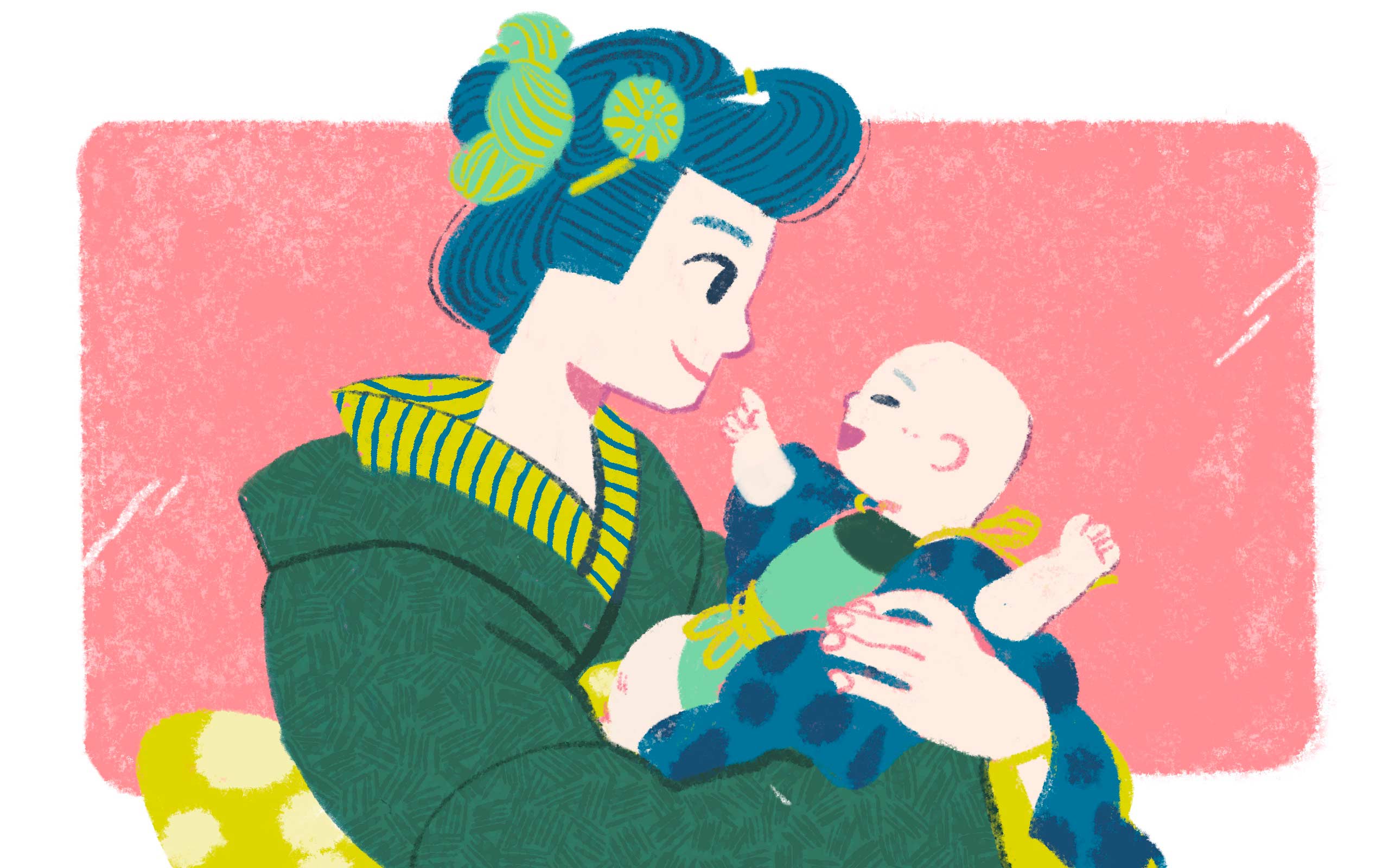 a mother in kimono holding a baby in her arms