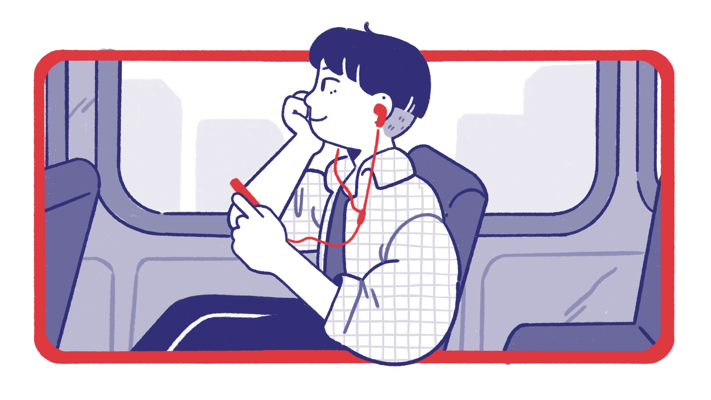 a person who is listening to a podcast on a bus
