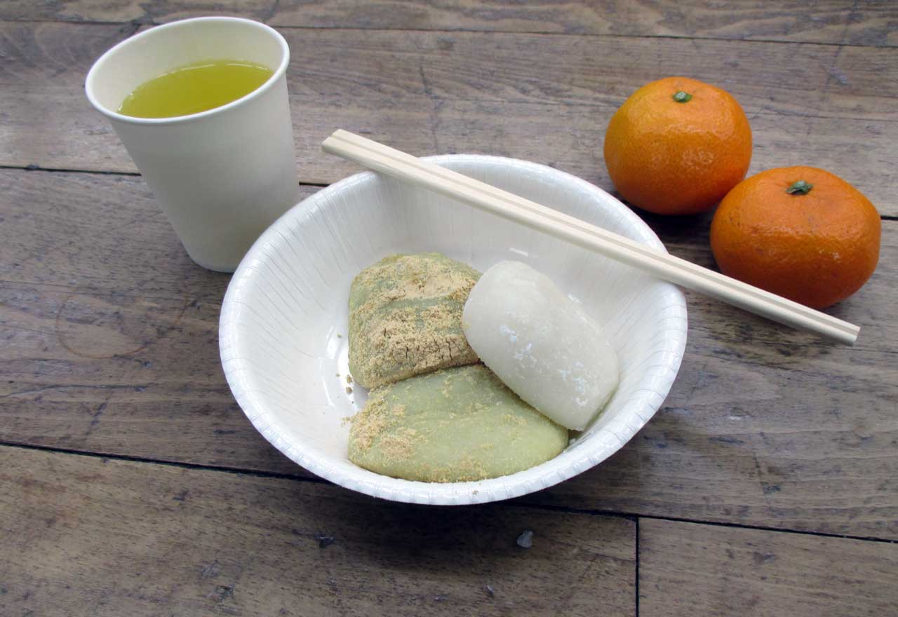 finished mochi with mikan and green tea