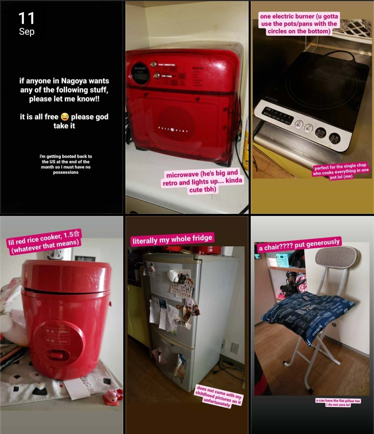 screenshots of instagram stories from the author listing their personal items for sale